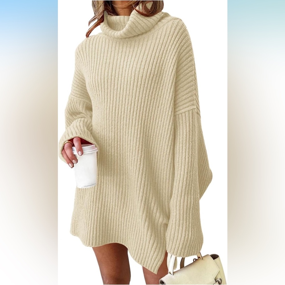 Oversized Turtleneck Sweater Dress Pullover Ribbed Knit Dress Apricot NWOT